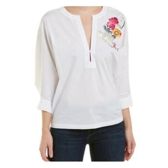Trina Turk White Floral Embroidery 3/4 Sleeve Split Neckline Tunic Blouse Medium - Picture 2 of 12